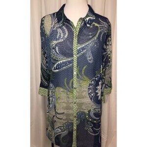 Susan Graver L Duster Sheer Chiffon Button Front Blue Green Large L
